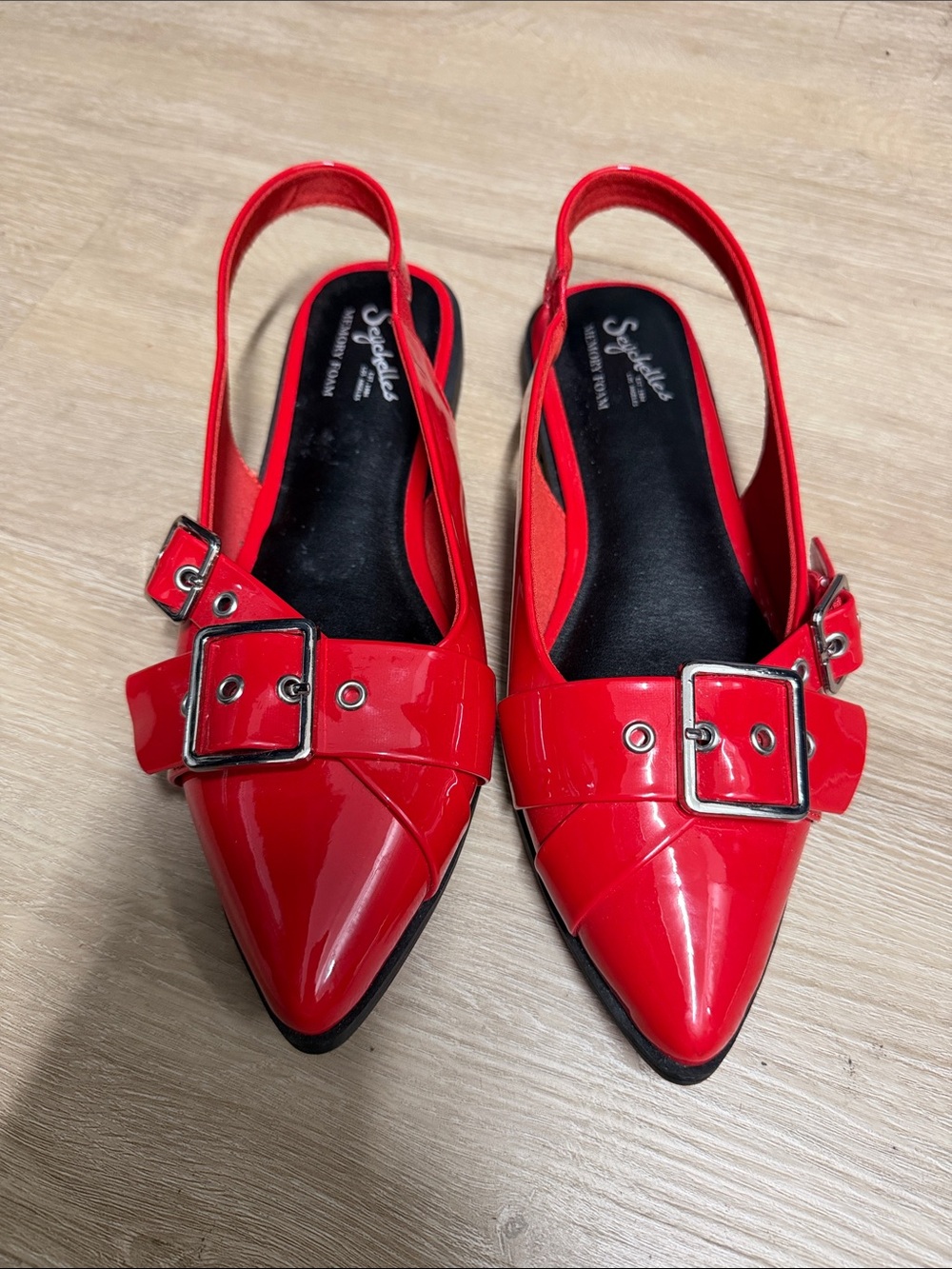 Seychelles Red Patent Pointed Slingback Flats with Buckle